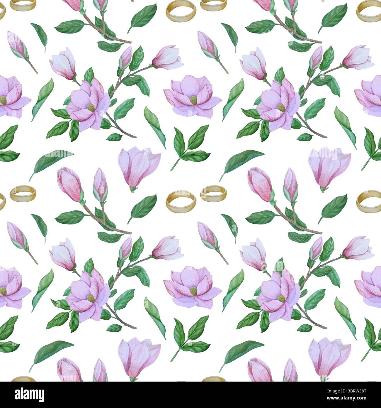 Set di clipart per matrimoni ad acquerello. Illustrazioni dipinte a mano con attributi nuziali e fiori di magnolia isolati sul bianco. Grafica romantica per invit Foto Stock