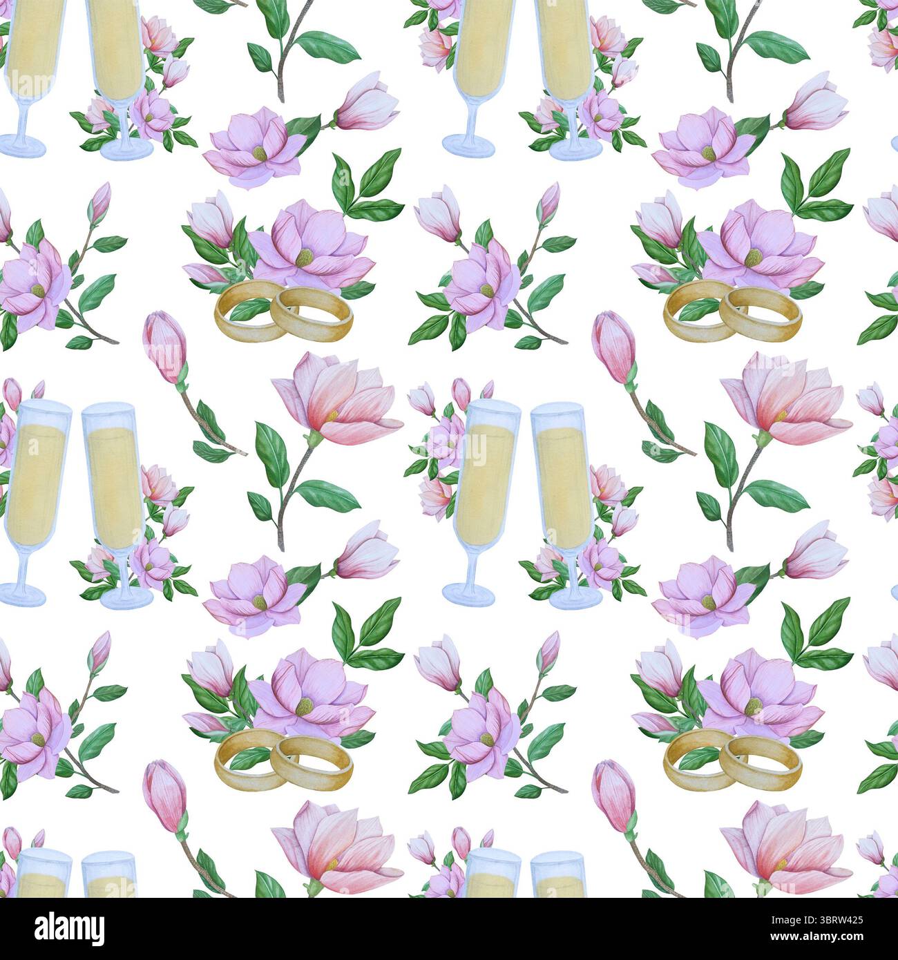 Set di clipart per matrimoni ad acquerello. Illustrazioni dipinte a mano con attributi nuziali e fiori di magnolia isolati sul bianco. Grafica romantica per invit Foto Stock