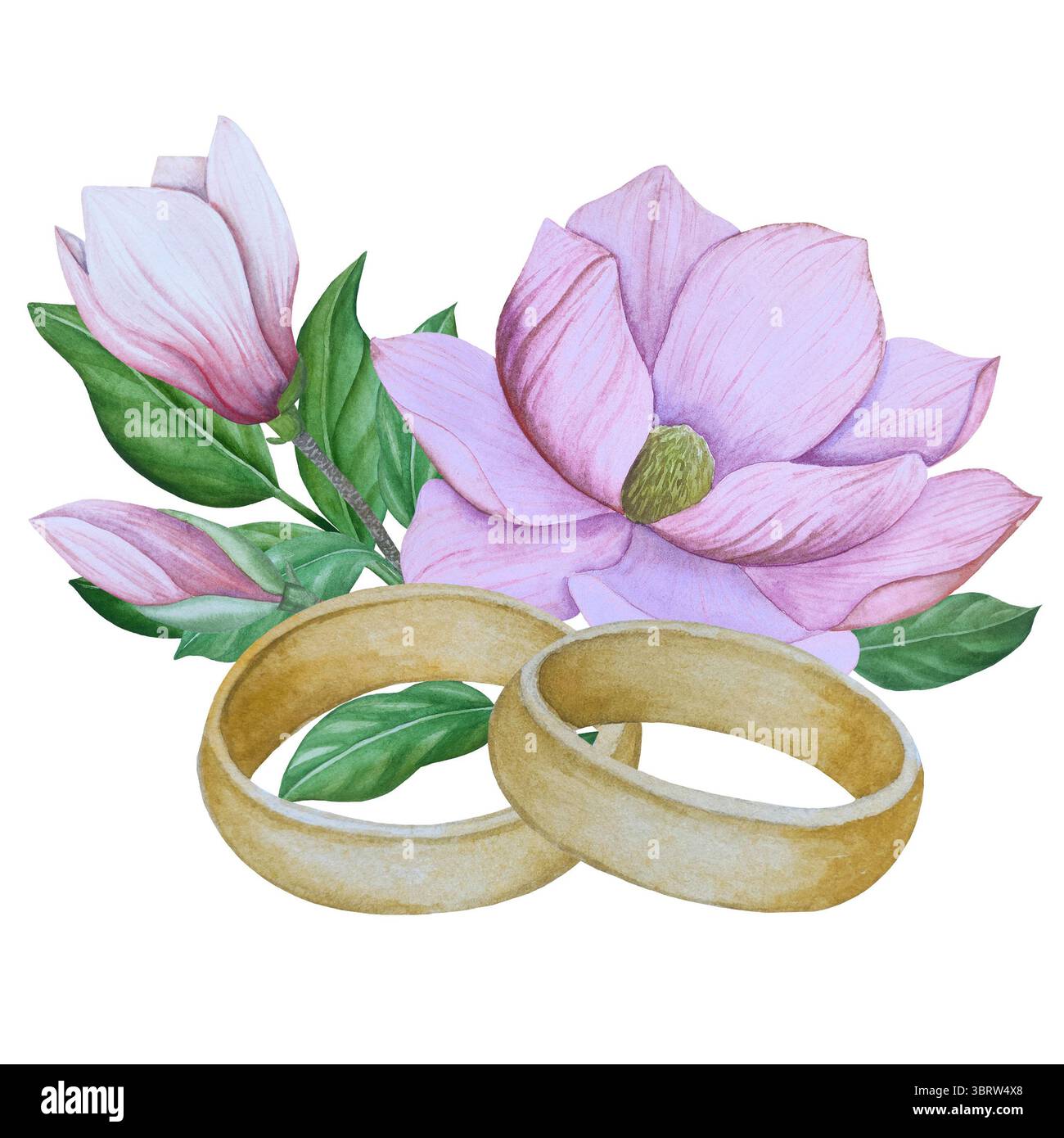 Set di clipart per matrimoni ad acquerello. Illustrazioni dipinte a mano con attributi nuziali e fiori di magnolia isolati sul bianco. Grafica romantica per invit Foto Stock