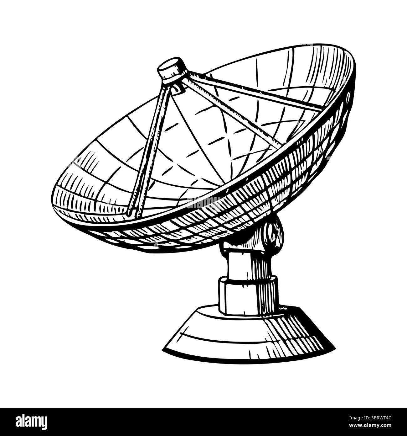 Un'illustrazione dettagliata di un'antenna parabolica. La capsula è grande e circolare, montata su una base robusta. È progettato per ricevere segnali da Illustrazione Vettoriale