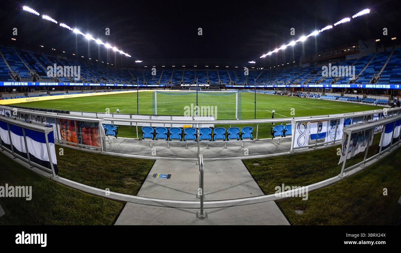 3 ottobre 2020: Uno stadio vuoto pochi minuti prima dell'inizio della partita a causa dei protocolli COVID prima della partita MLS tra LA Galaxy e i San Jose Earthquakes all'Avaya Stadium di San Jose, California. Chris Brown/CSM(immagine di credito: &Copy; Chris Brown/CSM tramite cavo ZUMA) Foto Stock