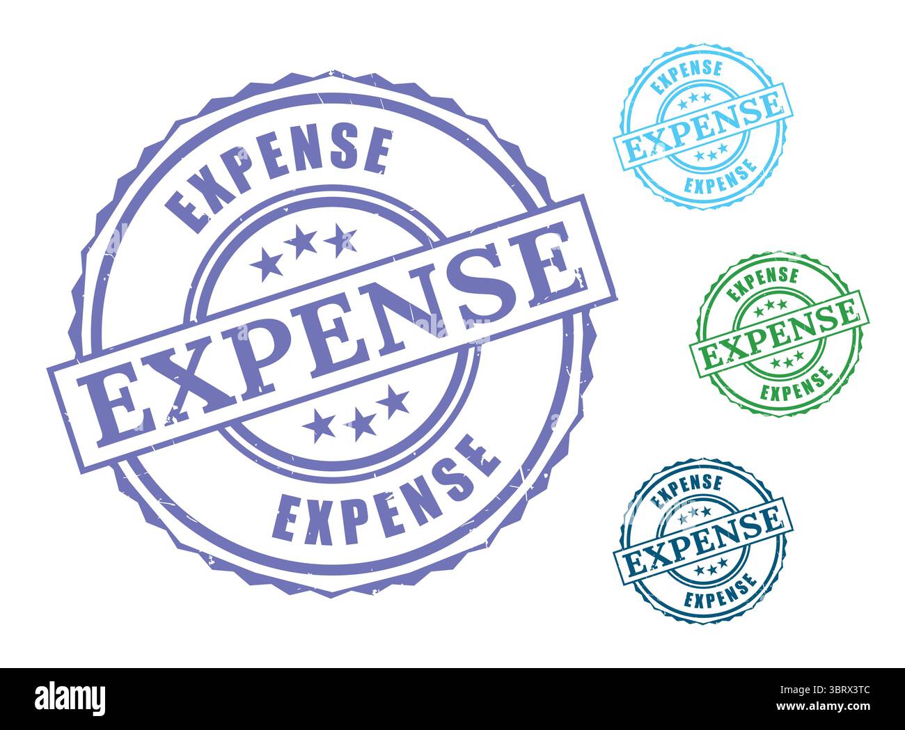 Un set di timbri spese aziendali, icone vettoriali per il tracciamento dei costi in gomma Grunge Illustrazione Vettoriale