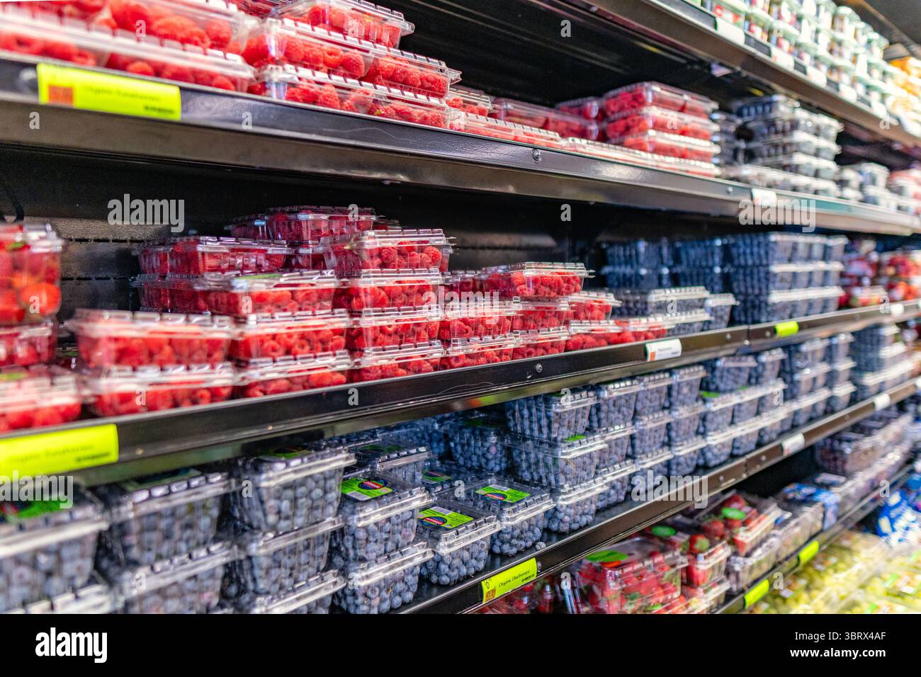 13 luglio 2025 - Boston, Massachusetts, Stati Uniti: Scaffali vuoti in un negozio di alimentari con carenza di articoli di base di maggio, tra cui frutta e altri prodotti. Foto Stock