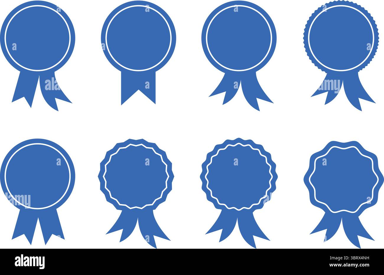 Set di badge Blue Ribbon, premio, garanzia, qualità Premium, Vincitore, ed etichette dei risultati in più stili. Vettore Illustrazione Vettoriale