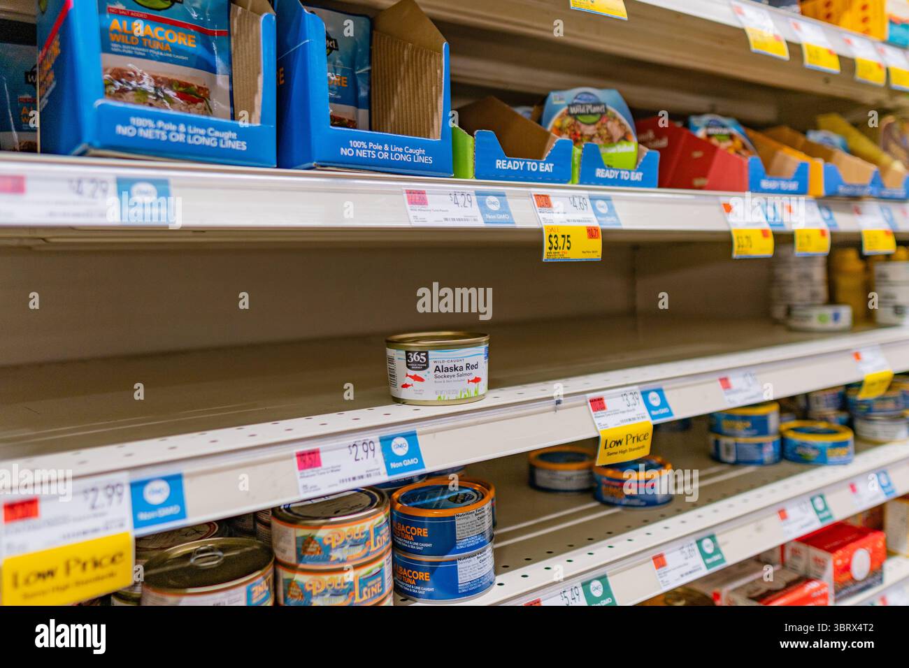 13 luglio 2025 - Boston, Massachusetts, Stati Uniti: Scaffali vuoti in un negozio di alimentari con carenza di articoli di base di maggio, tra cui il tonno. Foto Stock
