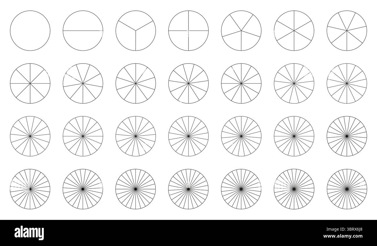 Schema delle parti delle ruote da 1 a 28. Modello di grafici segmentati. I settori dividono il cerchio su parti uguali. Vuoto coaching. Pizza, grafici a torta. Segmenti Illustrazione Vettoriale