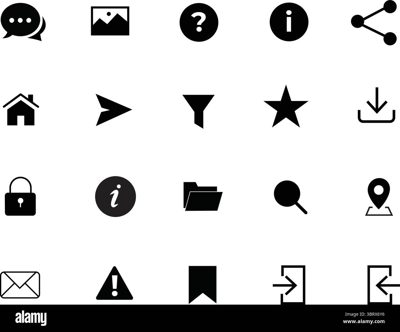 Set di icone UX dell'interfaccia utente essenziale, pacchetto di simboli dell'interfaccia dell'app e del Web nero piatto per la progettazione di dispositivi mobili e desktop, illustrazione vettoriale Illustrazione Vettoriale