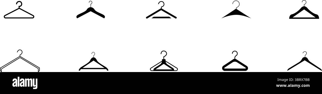 Icona appendiabiti. Set di icone vettoriali appendiabiti. Appendiabiti per guardaroba o armadio. Appendi il cappotto, la camicia o l'abito. Collezione appendiabiti Illustrazione Vettoriale