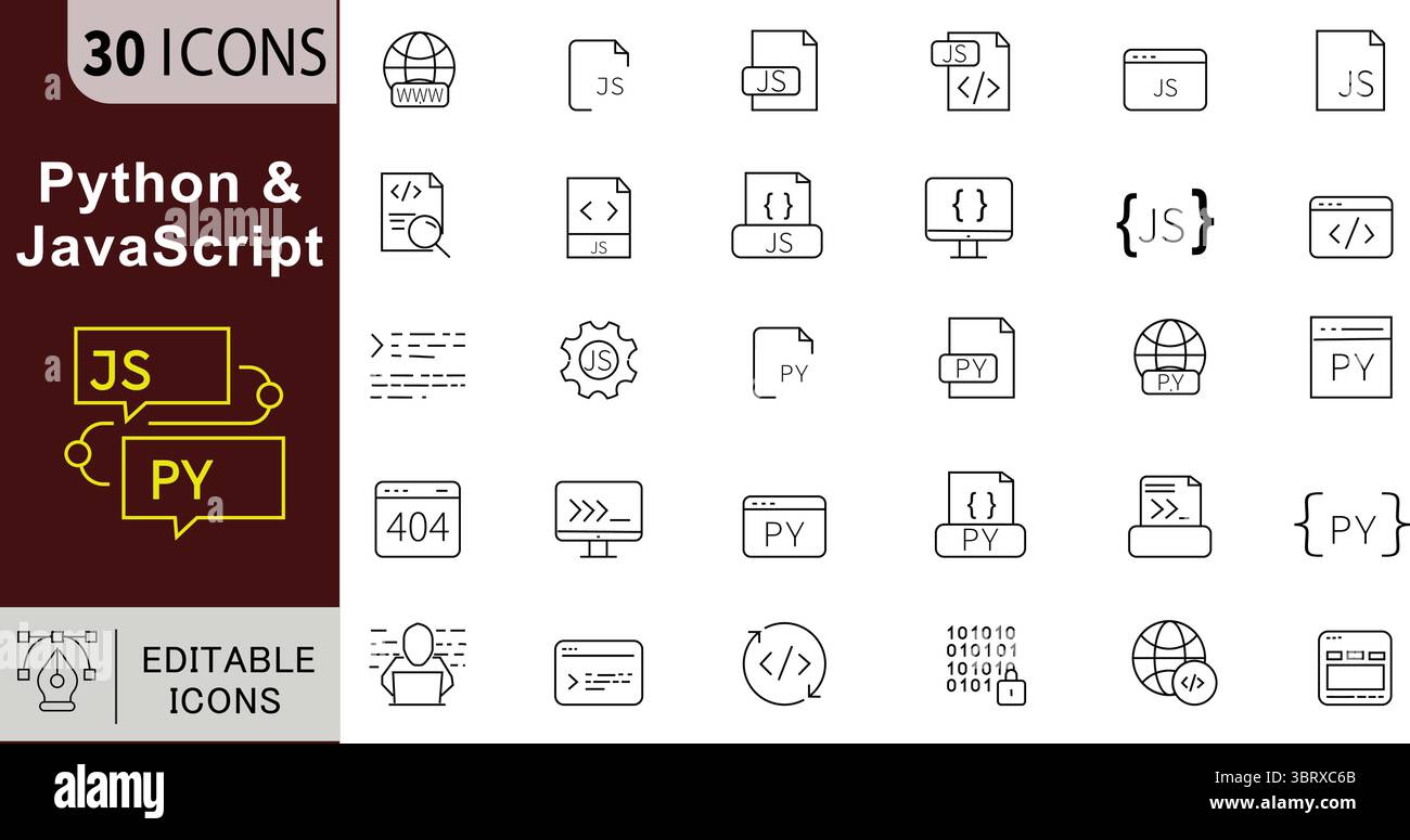 Icone di linea Python e JavaScript: Programmazione, sviluppo Web e vettori di codice Illustrazione Vettoriale