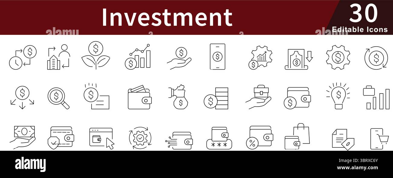 Icone di linea modificabili per investimenti impostate per Business, Money, Trading e Financial Management Illustrazione Vettoriale
