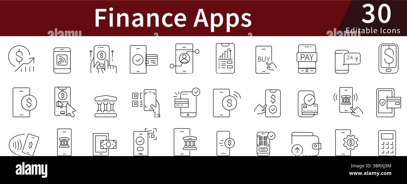 Icone di linea modificabili delle applicazioni finanziarie impostate per le tecnologie bancarie, di investimento, di pagamento e finanziarie Illustrazione Vettoriale