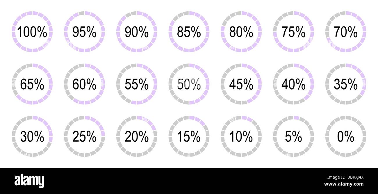 Elementi infografici percentuale. Set di icone di diagrammi rotondi per infografiche da 0 a 100 percentuali. Torta di colore viola e grigio, grafici pizza Illustrazione Vettoriale