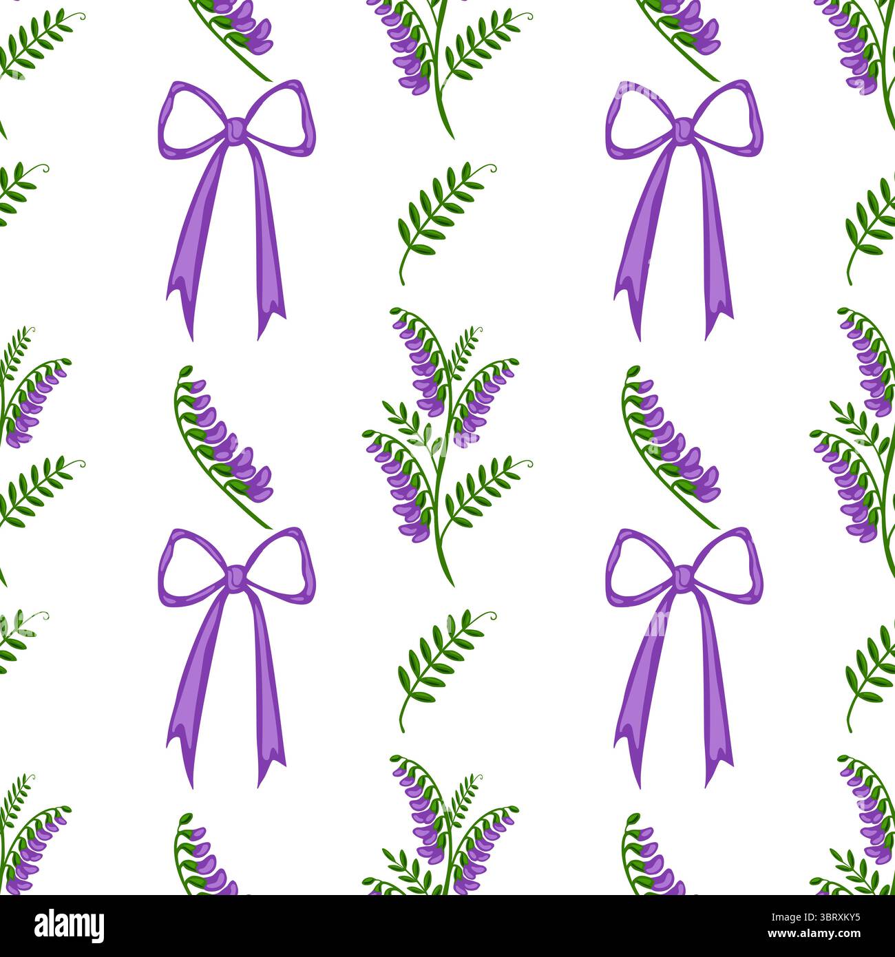Motivo vettoriale senza cuciture con fiori di vetra trapuntati stilizzati e fiocchi viola su sfondo bianco, per un design floreale delicato e affascinante. Illustrazione Vettoriale