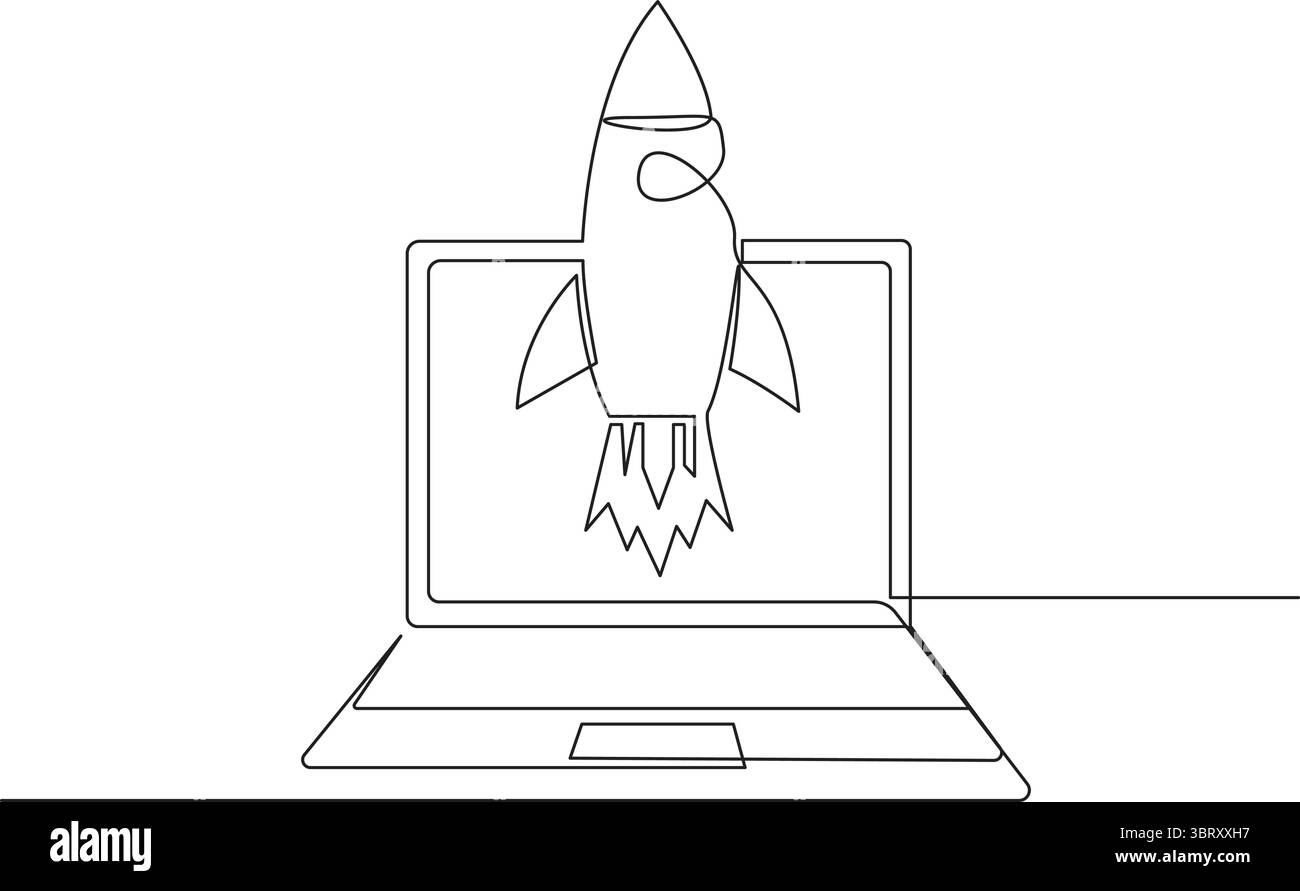 Un'icona continua a una riga che si avvia dallo schermo di un notebook. Ideale per concetti di startup, lanci di app, innovazione, crescita tecnologica, marketing digitale, Illustrazione Vettoriale