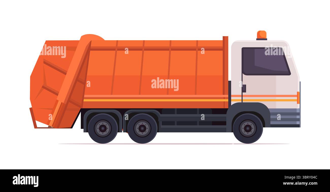 Camion della spazzatura arancione in movimento per la strada della città. Rifiuti ecologici e sostenibilità. Vettore non generato ai Foto Stock Camion della spazzatura arancione in movimento per la strada della città. Rifiuti ecologici e sostenibilità. Vettore non generato ai Foto Stock