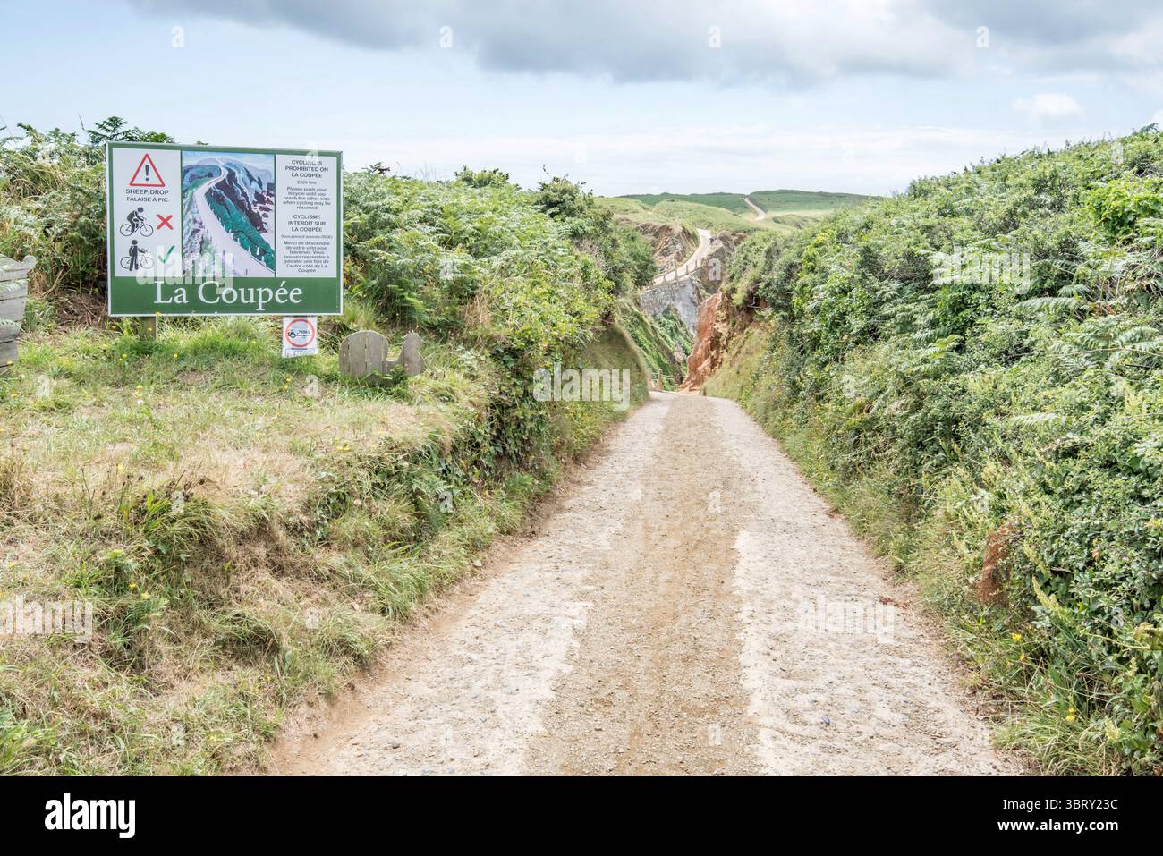 Uno stretto istmo conosciuto come la Coupée, un'alta cresta a 80 metri (262 piedi) sul mare che collega Great Sark a Little Sark Foto Stock