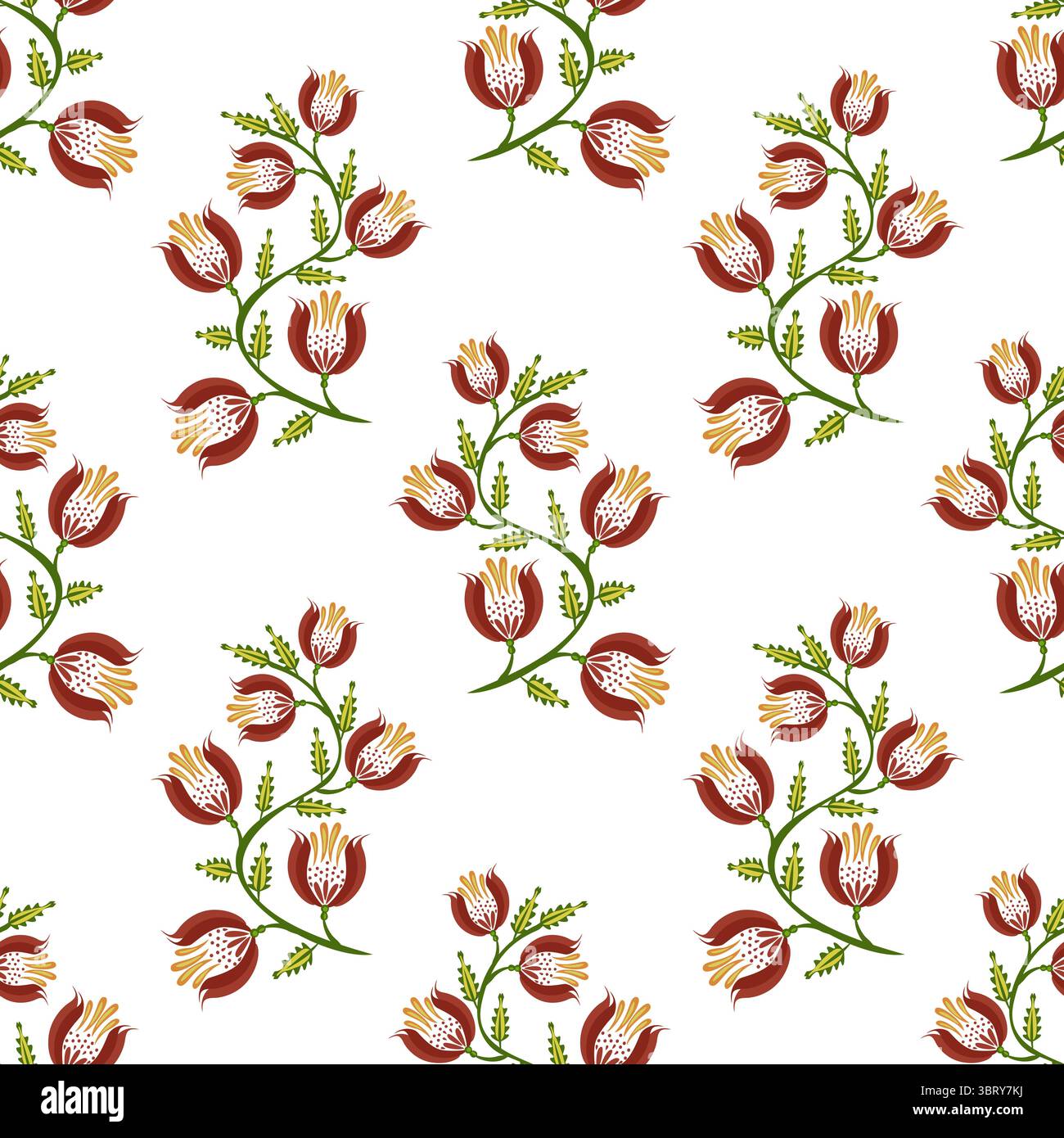 Un motivo vettoriale floreale di arte popolare senza cuciture caratterizzato da fiori di tulipano rosso con accenti gialli e foglie verdi su sfondo bianco. Illustrazione Vettoriale