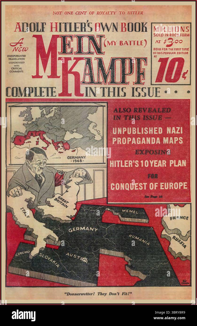 Mein Kampf: An Unexpurgated Translation Condensed with Critical Comments and Explanatory Notes, è stato pubblicato da una Start-up con sede a Greenwich, Connecticut, chiamata Noram Publishing Company, che era stata creata con il solo scopo di pubblicare parti di Mein Kampf che non erano disponibili nel riassunto di Dugdale. Fu formato dal reporter Alan Cranston (in seguito senatore) e dal suo amico Amster Spiro, un reporter ebreo del sindacato Hearst. Questo opuscolo è stato pubblicato in un'edizione tabloid di 32 pagine con note, mappe e illustrazioni. Foto Stock
