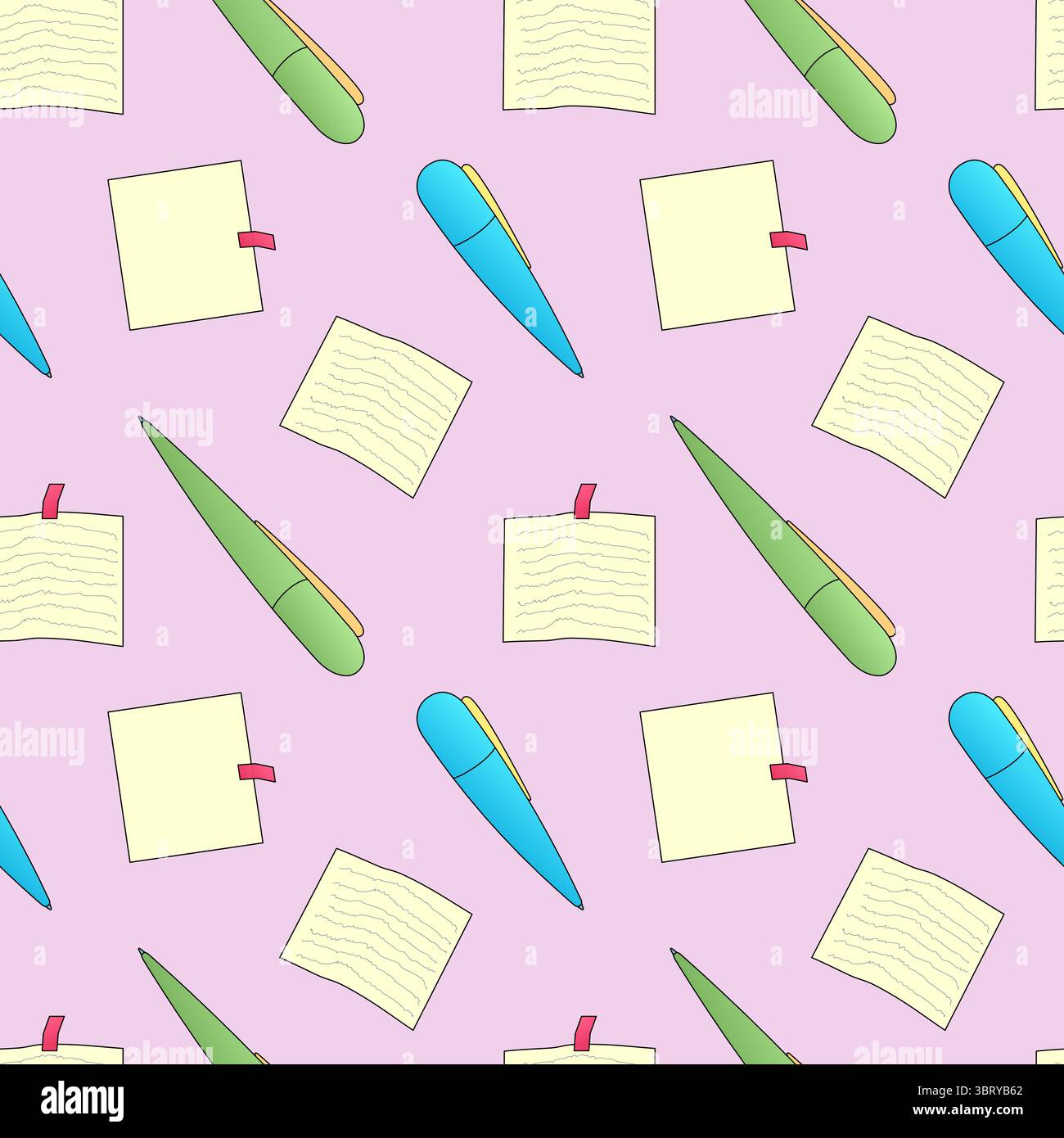 Motivo senza cuciture con illustrazione vettoriale di penne a sfera e quaderni su sfondo rosa pastello. Per tornare a scuola a tema, materiale scolastico o sta Illustrazione Vettoriale