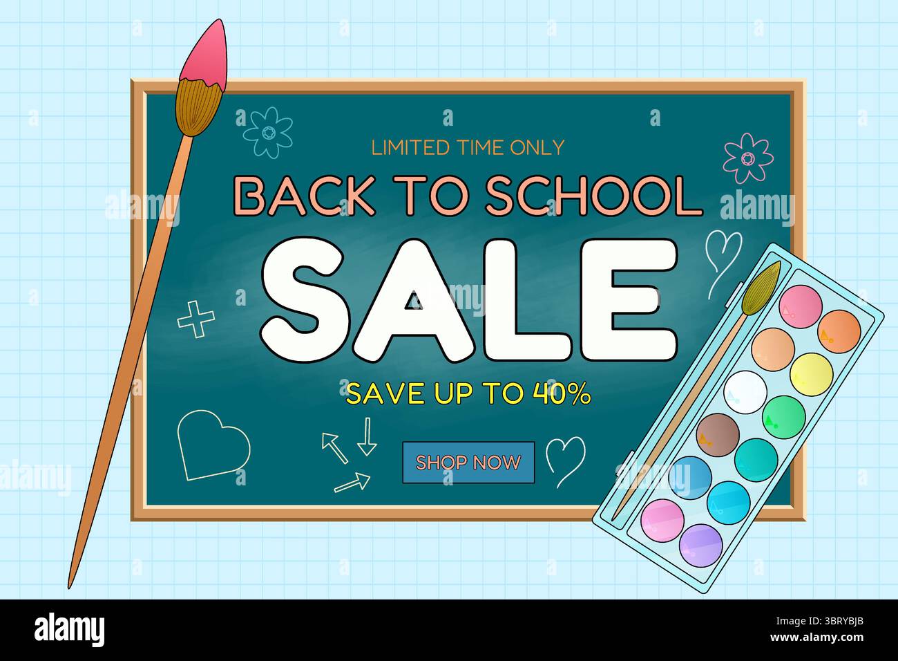 Banner Back to School con lavagna, set di acquerelli e pennello. Concetto creativo di promozione scolastica su sfondo grafico. Per gli shoppi stagionali Illustrazione Vettoriale