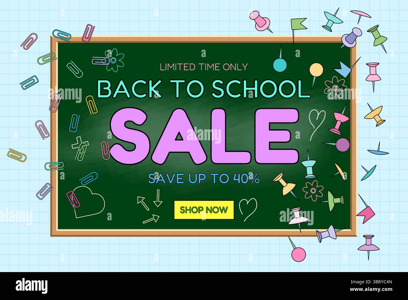 Banner di vendita Back to School con lavagna verde, graffette, pin a pressione e messaggio promozionale su sfondo grafico. Per la promozione stagionale, fai shopping Illustrazione Vettoriale