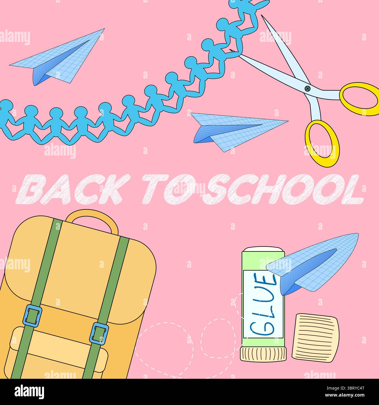 Poster concettuale con scena di forbici, colla, zaino, catena di carta e piani di carta su sfondo rosa. Per il sito Web didattico, promo Illustrazione Vettoriale