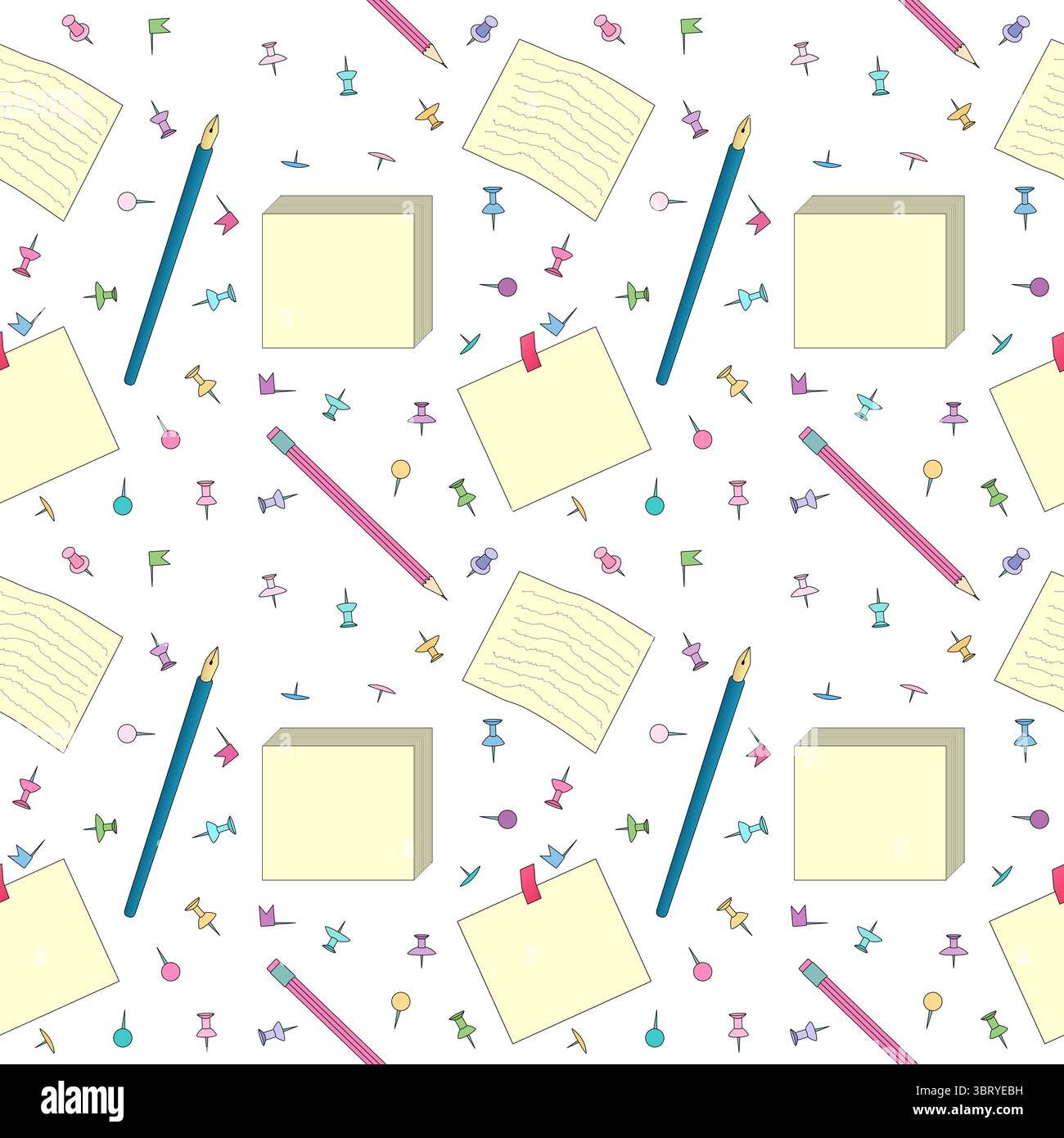 Motivo senza cuciture con cancelleria scolastica che include matite, appunti, fogli di carta e colorate spille a pressione su sfondo bianco. Per tornare a scuola Illustrazione Vettoriale