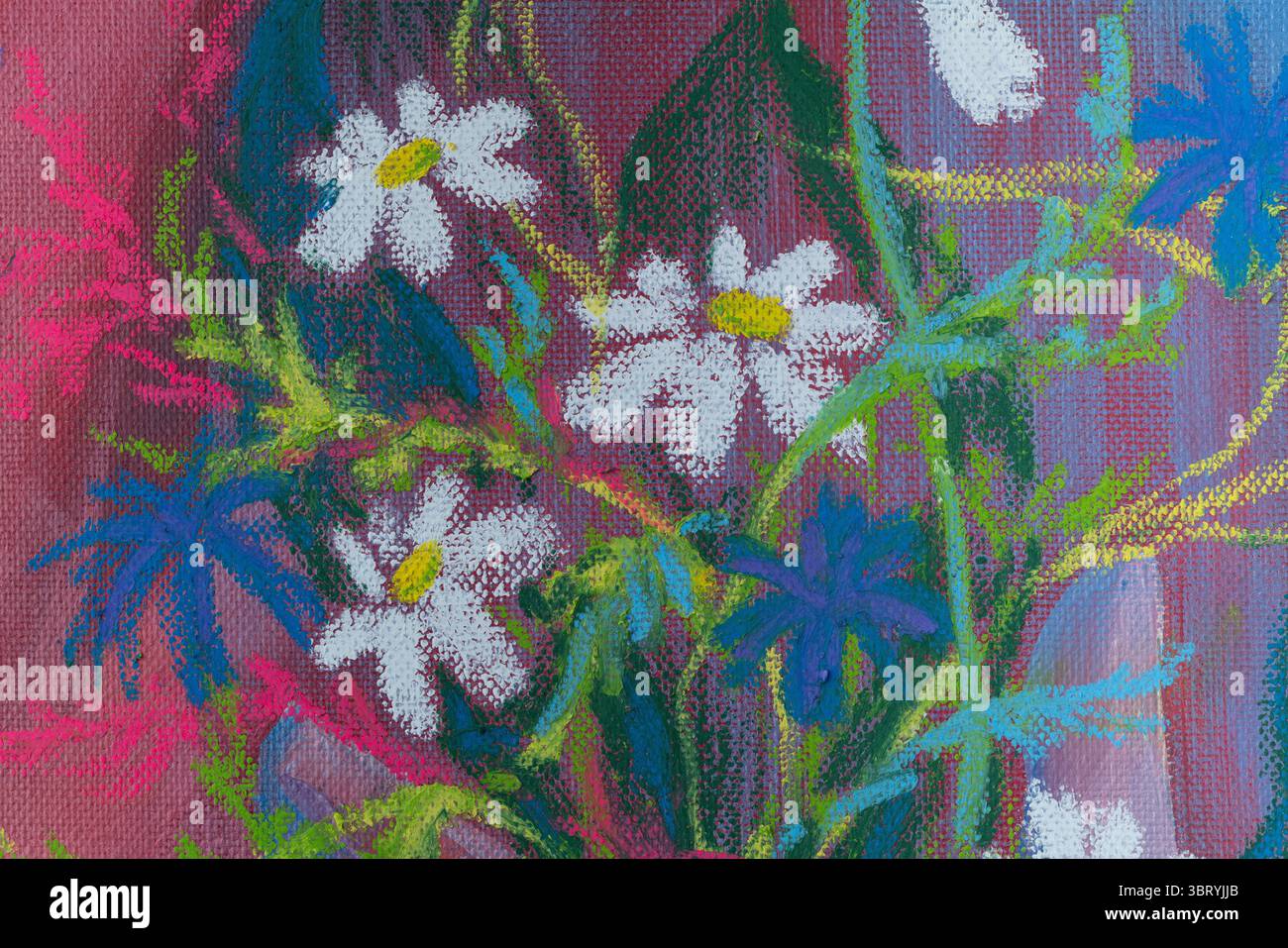 Frammenti di un dipinto pastello che mostra fiori vibranti con texture e colori delicati Foto Stock