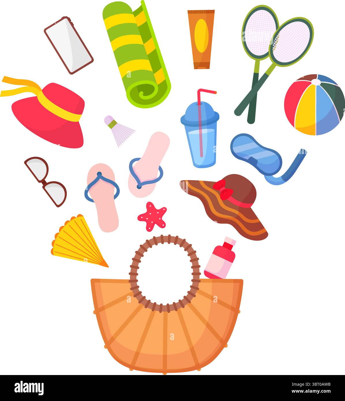 Cose per la borsa da spiaggia. Accessori per il riposo estivo, diversi articoli per prendere il sole e per il tempo libero sulla costa. Crema solare, tappetino, ciabatte, occhiali da sole, vettoriale neoterico Illustrazione Vettoriale