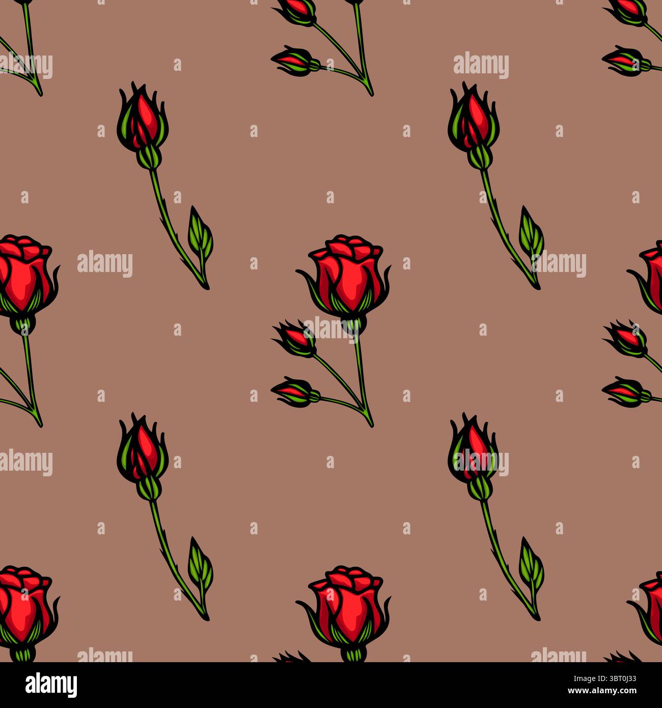 Un motivo vettoriale senza cuciture con rose rosse e gemme di rosa su sfondo marrone. Il design presenta un mix di rose completamente fiorite e gemme più piccole, Illustrazione Vettoriale