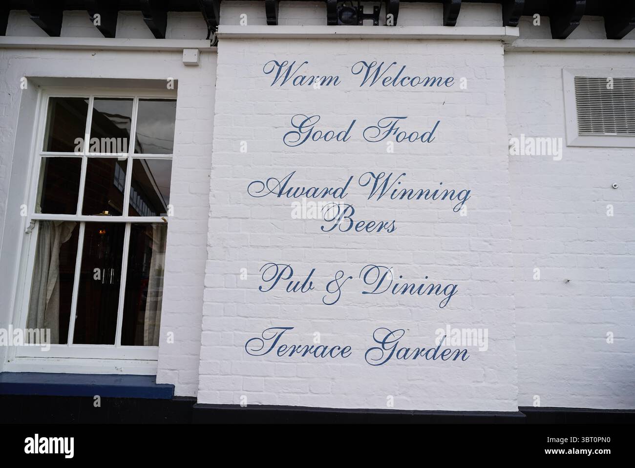 Facciata di un tradizionale pub inglese con porta Blu e piante posizionate con cura. Dorking, Inghilterra Foto Stock