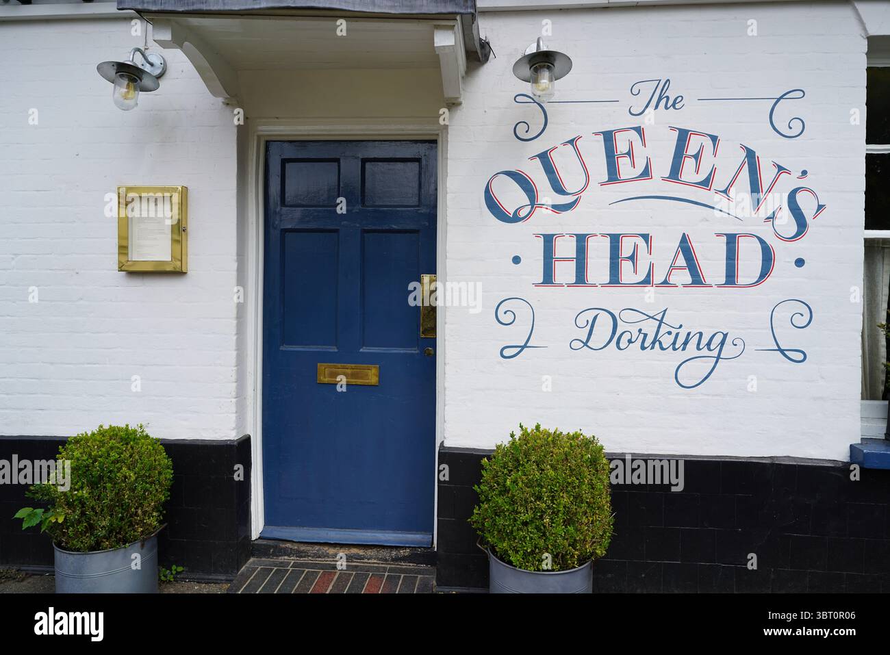 Facciata di un tradizionale pub inglese con porta Blu e piante posizionate con cura. Dorking, Inghilterra Foto Stock