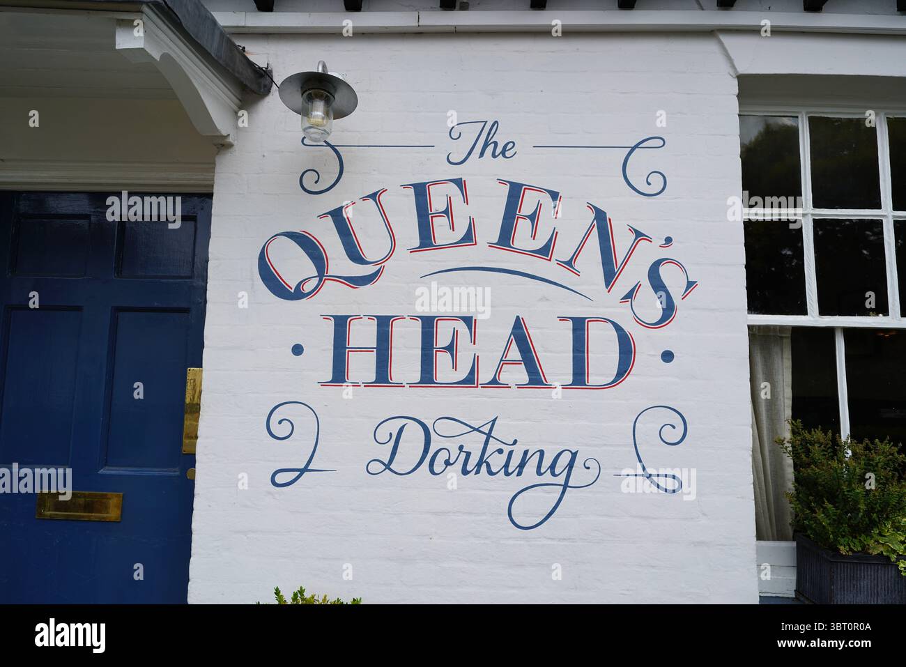 Facciata di un tradizionale pub inglese con porta Blu e piante posizionate con cura. Dorking, Inghilterra Foto Stock