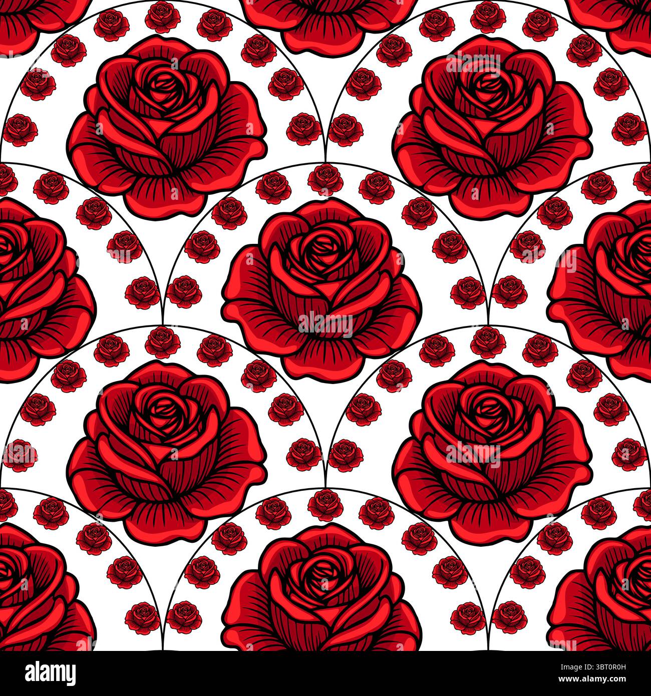 Un motivo vettoriale senza cuciture caratterizzato da grandi rose rosse e motivi più piccoli di rose su sfondo bianco. Il design è vivace e floreale, ideale per i tessuti Illustrazione Vettoriale