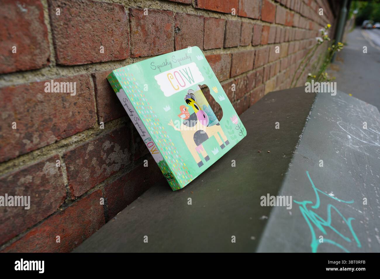 Colorato libro per bambini contro il muro di mattoni all'aperto. Dorking, Inghilterra Foto Stock