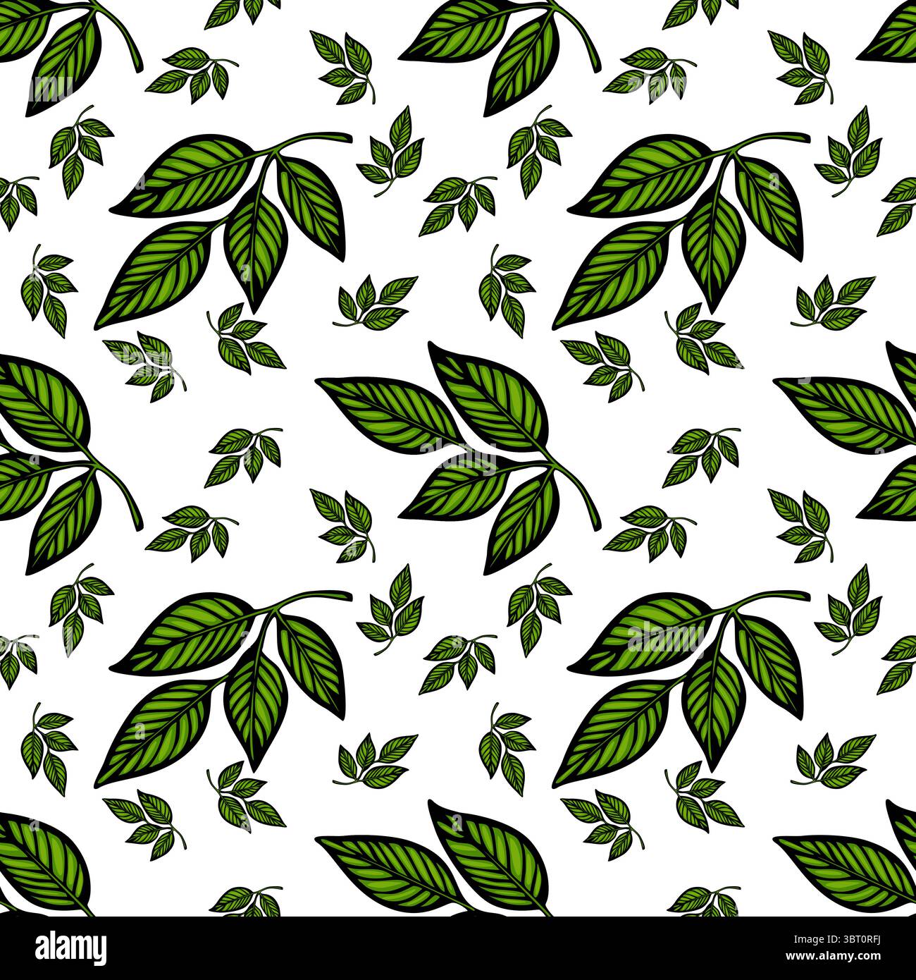 Un motivo vettoriale senza cuciture con varie foglie verdi su sfondo bianco. Il design include foglie più grandi e motivi più piccoli, creando un Illustrazione Vettoriale