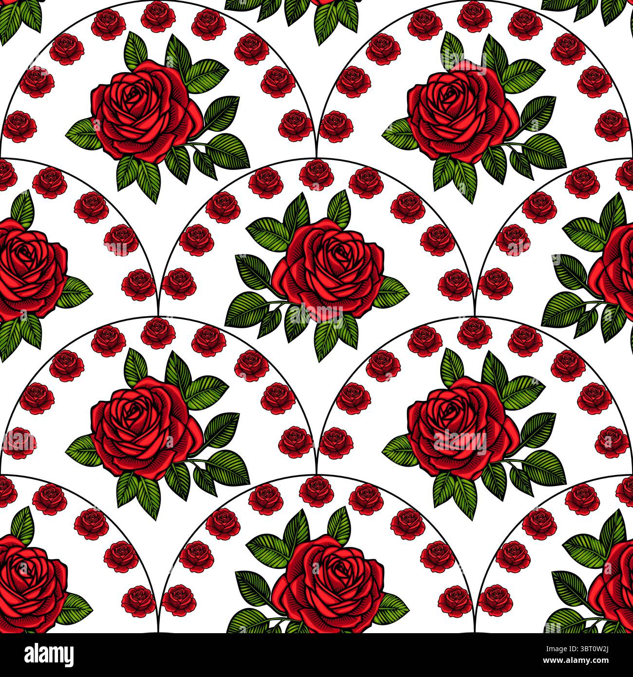 Un motivo vettoriale senza cuciture caratterizzato da grandi rose rosse con foglie verdi, disposte a ventaglio. Rose rosse più piccole sono sparse per tutto il design Illustrazione Vettoriale