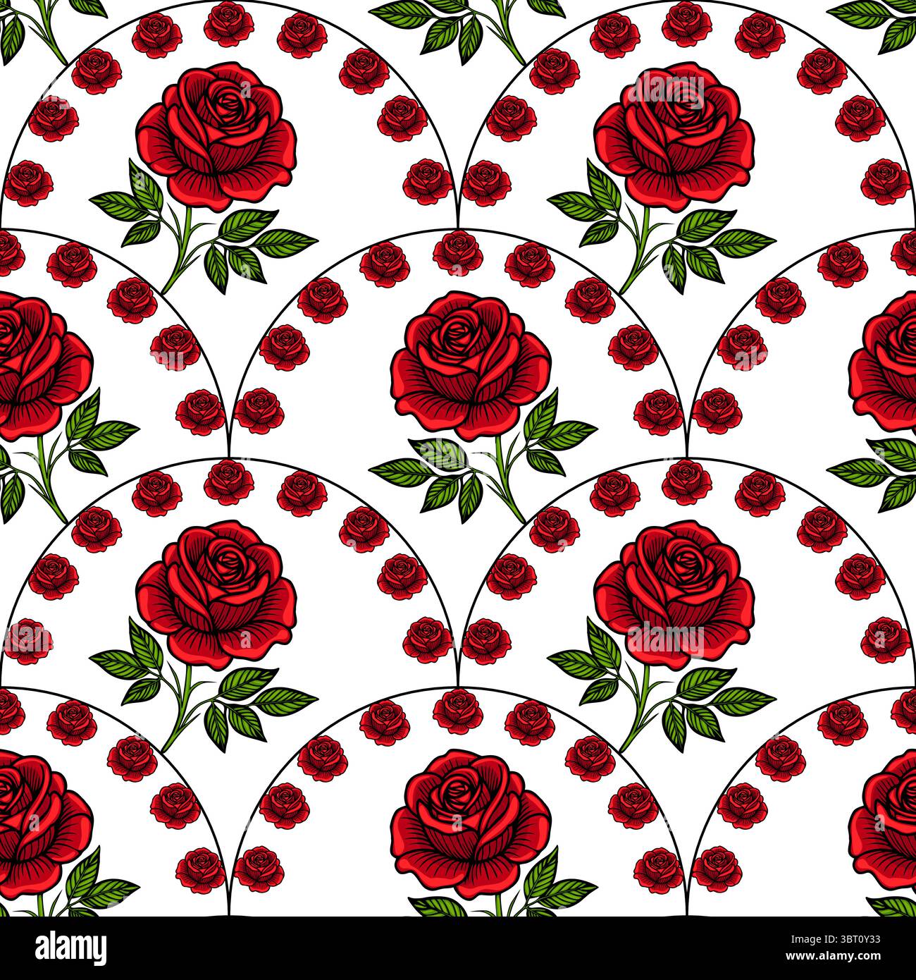 Un motivo vettoriale senza cuciture caratterizzato da grandi rose rosse con foglie verdi, circondate da rose rosse più piccole su sfondo bianco. Il design è elegante e Illustrazione Vettoriale