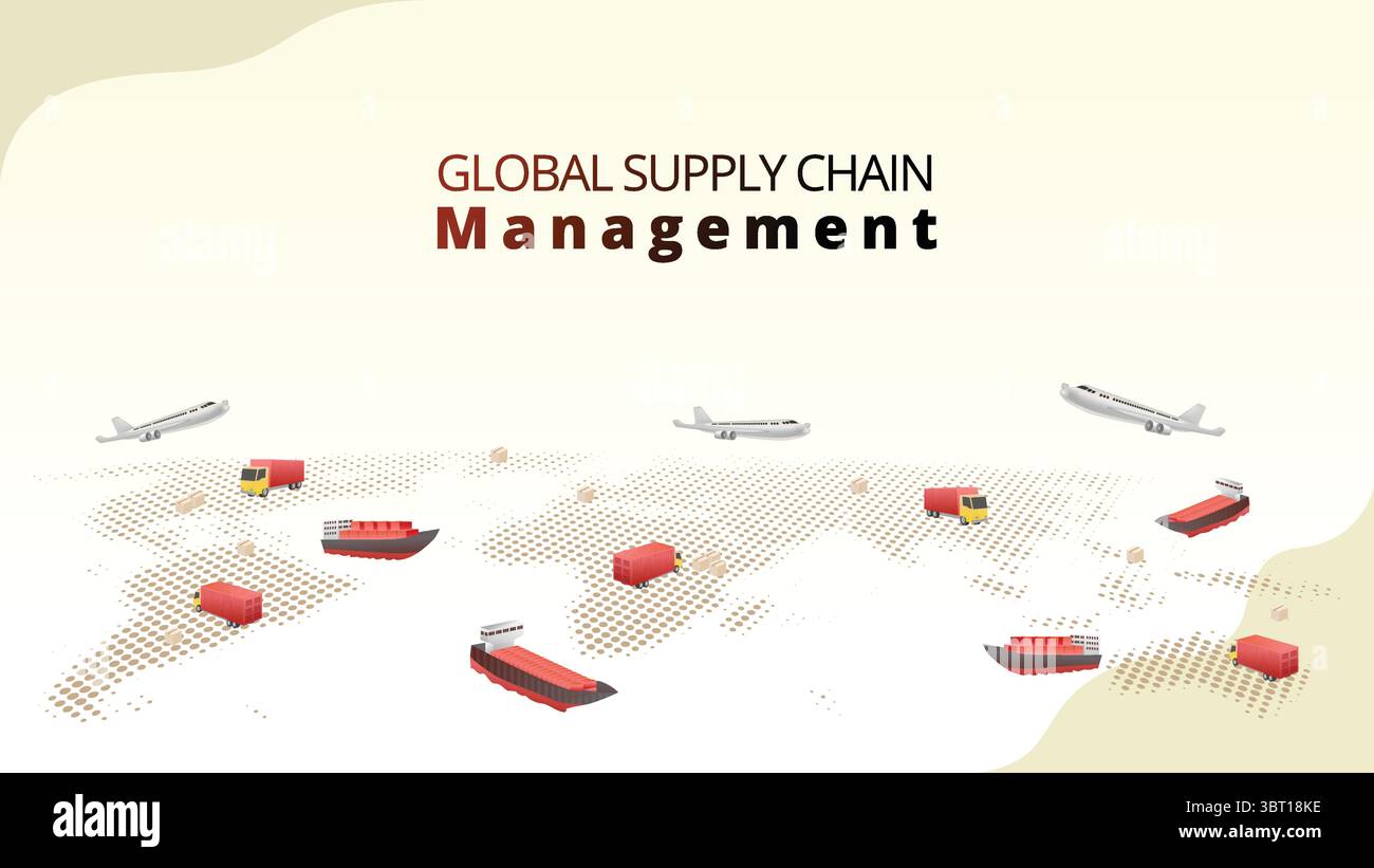 concetto di gestione della catena di fornitura globale. trasporto merci, camion logistico e aereo con sfondo a globo. gestione della catena di fornitura in stile 3d isometrico Illustrazione Vettoriale
