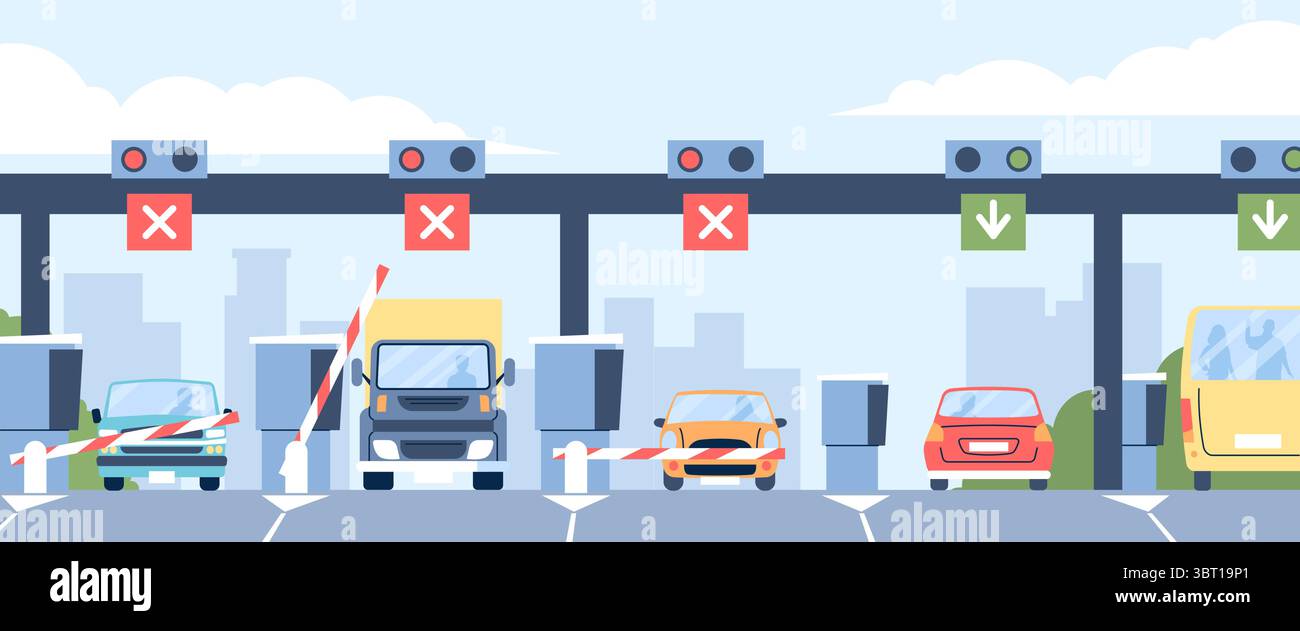 Sistema stradale a pedaggio. Le auto attraversano e pagano l'autostrada. Conducenti di auto e autobus che pagano al checkpoint per il viaggio. Le autostrade sono a pedaggio vettoriale recente Illustrazione Vettoriale