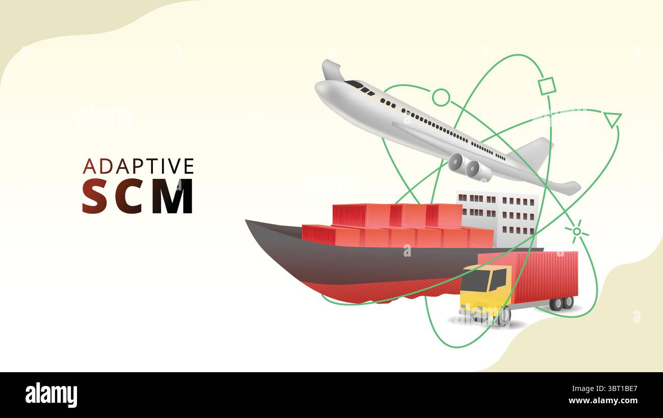 Concetto SCM adattivo. illustrazione vettoriale isometrica in stile 3d per la gestione della supply chain Illustrazione Vettoriale
