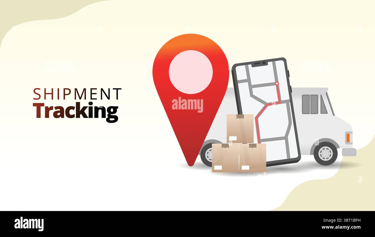 concetto di tracciamento delle spedizioni. icona della posizione geografica con lo smartphone sull'applicazione rute map e sul furgone di consegna. gestione della supply chain in stile 3d isometrico vecto Illustrazione Vettoriale