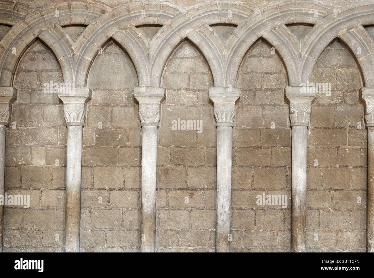 Parete decorativa in pietra ad arco nella cattedrale cristiana di Peterborough, Inghilterra. Foto Stock