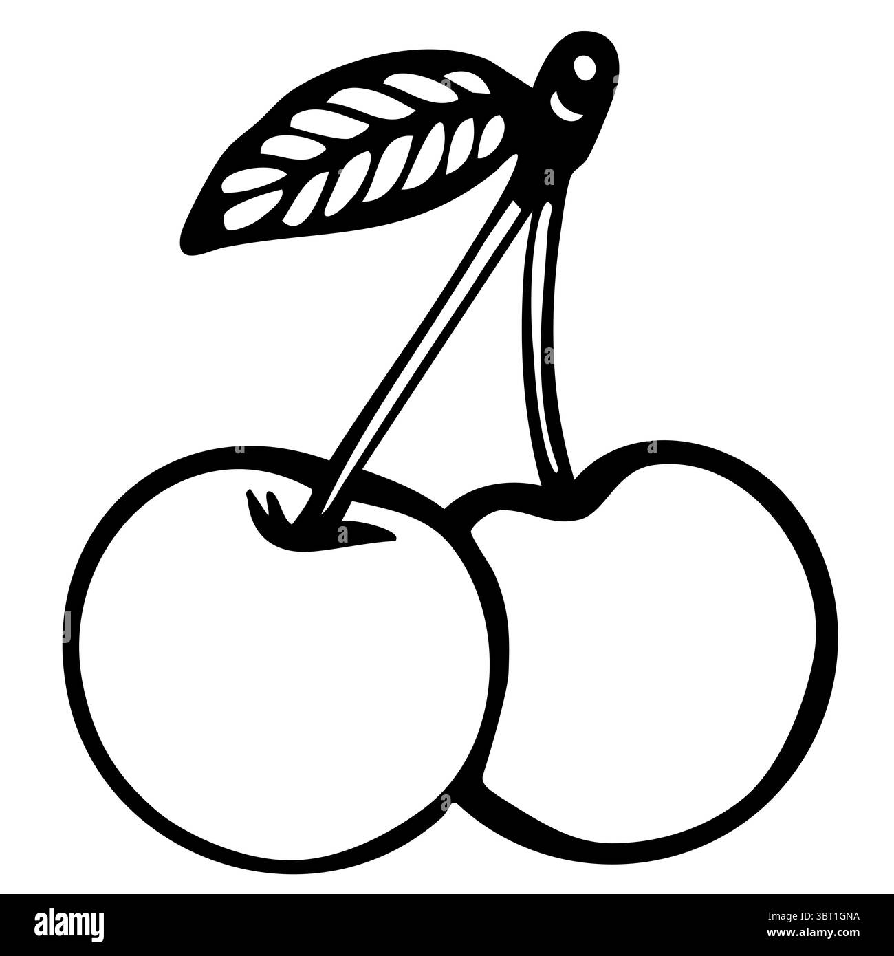 Semplice illustrazione vettoriale in bianco e nero di due ciliegie collegate da uno stelo, con una sola foglia su una ciliegia. Illustrazione Vettoriale