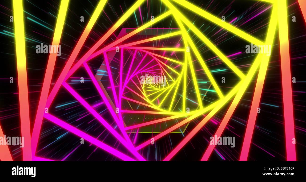 Fotogrammi quadrati al neon a spirale che fuoriescono nello spazio del tunnel virtuale, con striature di movimento multicolore Foto Stock
