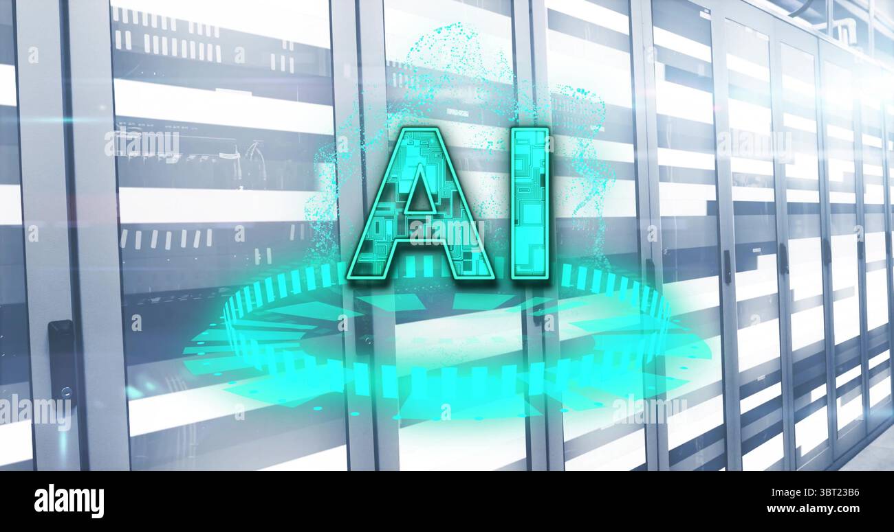 Simbolo olografico "ai" che mostra i dati nel corridoio della sala server con fasci di cavi Foto Stock