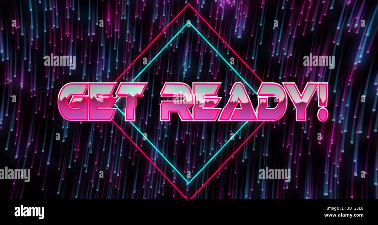 VISUALIZZAZIONE 3D PREPARATI! testo su palcoscenico digitale, con profilo a rombo al neon e striature chiare al neon Foto Stock