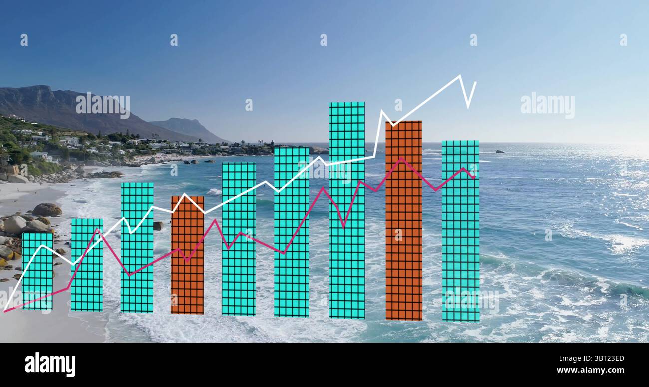 Visualizzazione della carta con barre turchesi e ruggine sulla costa, con linee bianche e magenta Foto Stock