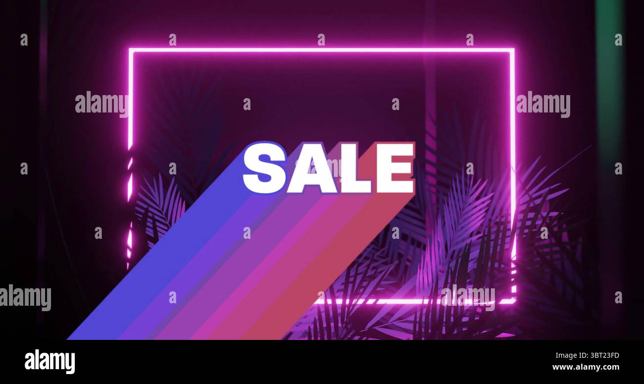 Cornice rettangolare rosa neon brillante che galleggia sullo sfondo, con strisce, foglie di palmo e testo di VENDITA Foto Stock