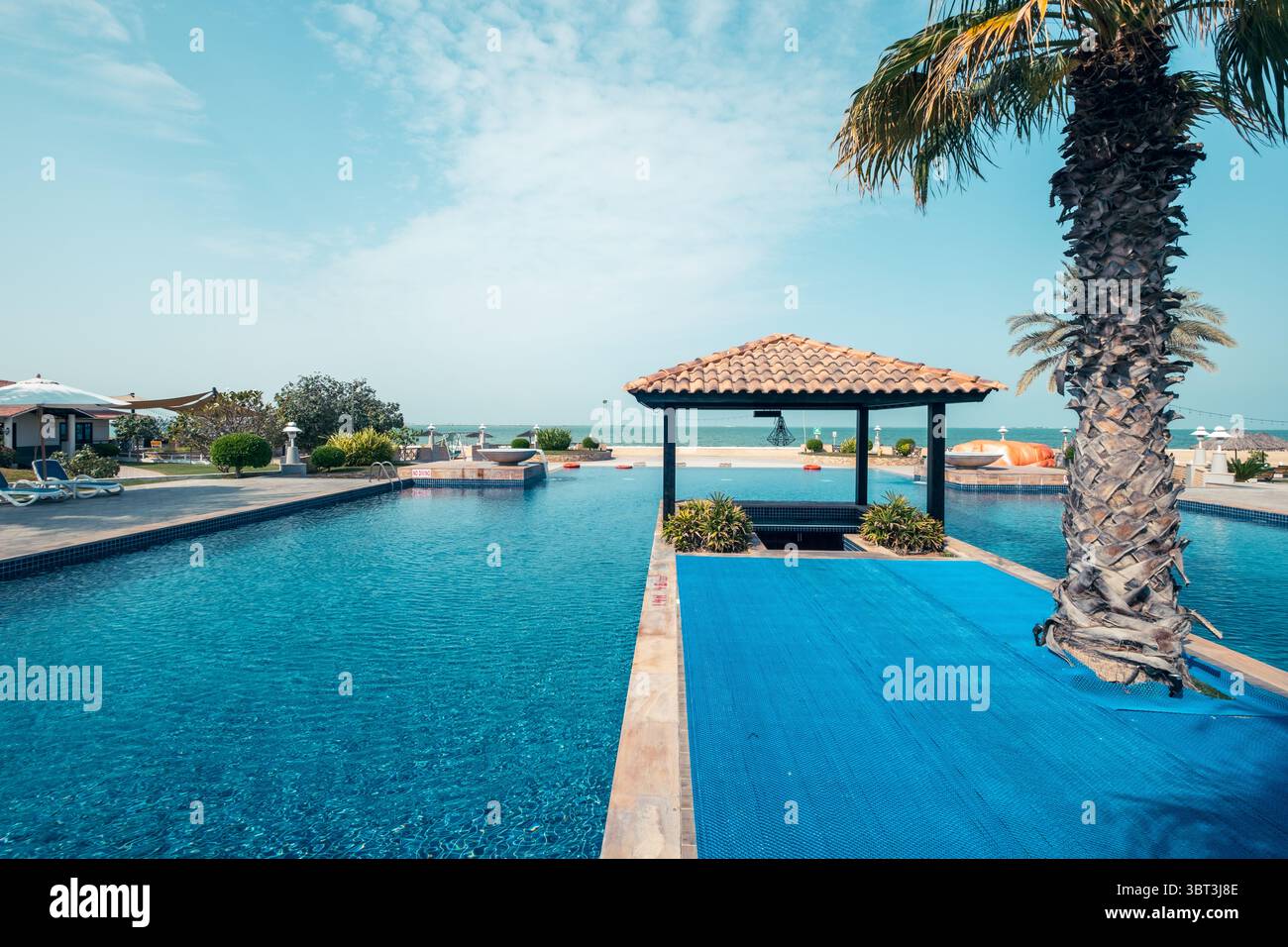 Lussuosa piscina del resort con bar a bordo piscina e lussureggianti palme verdi, vista del mare dalla piscina a sfioro, foto orizzontale Foto Stock